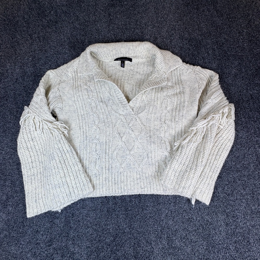 White House Black Market Sweater Women Large Beige Cable Knit Fringe Bell Sleeve